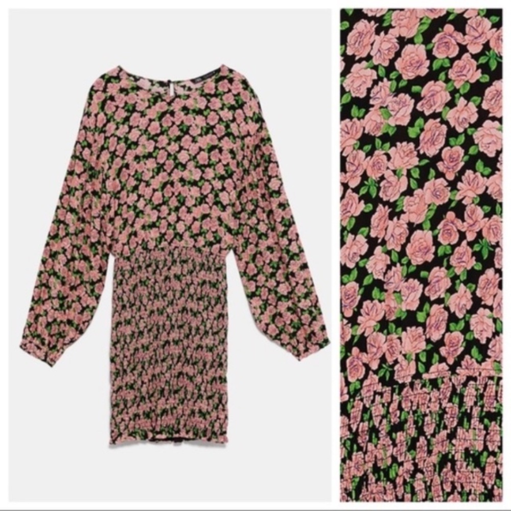 Zara Elastic Print Mini Dress with a pink and green floral pattern - Picture 5 of 7